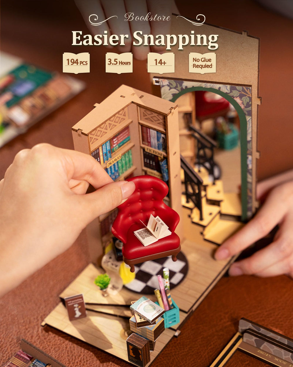Rolife Book Nook Kit includes easy tools and clear instructions for a satisfying build