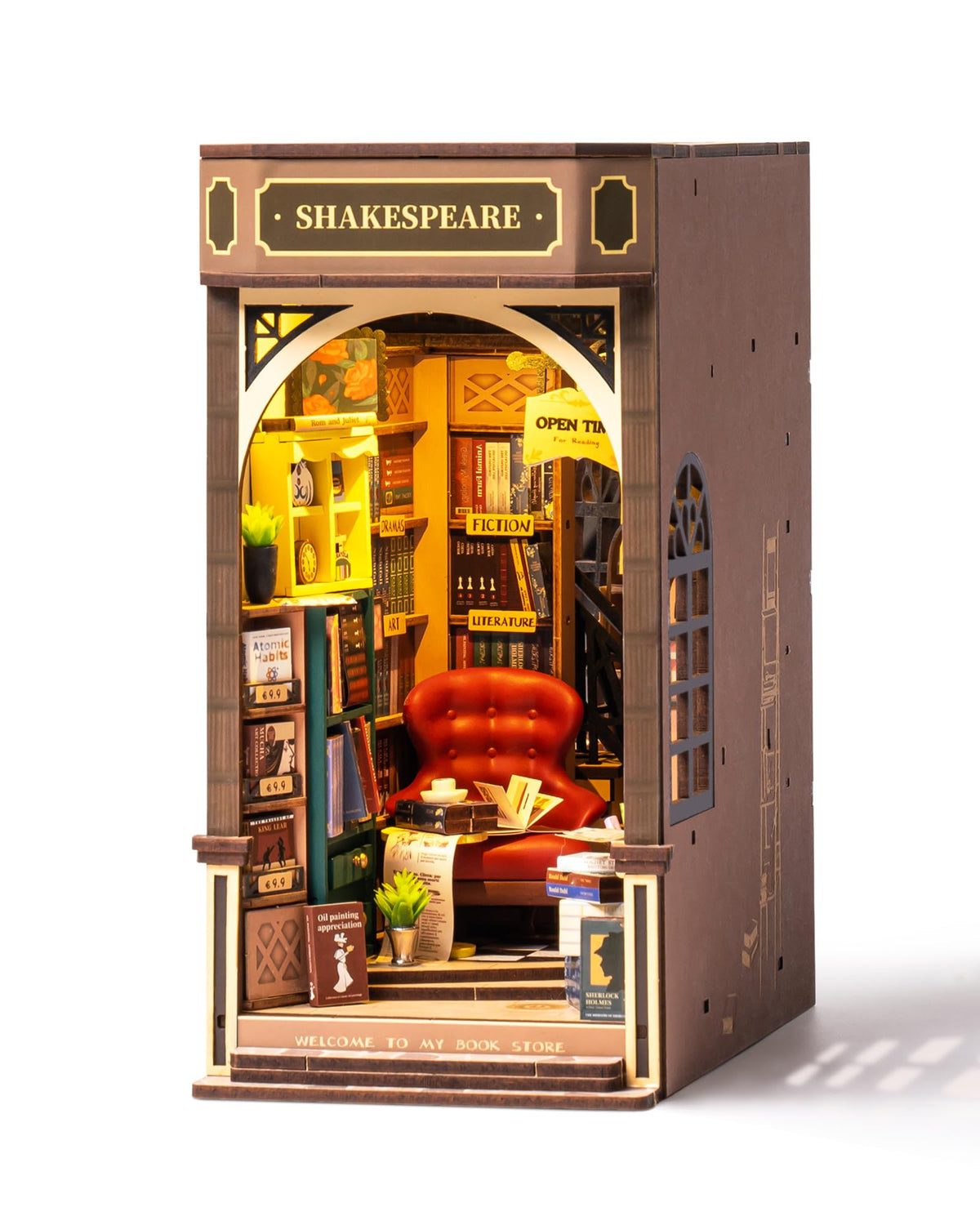 Rolife Book Nook Kit bookstore facade detail for shelf decor