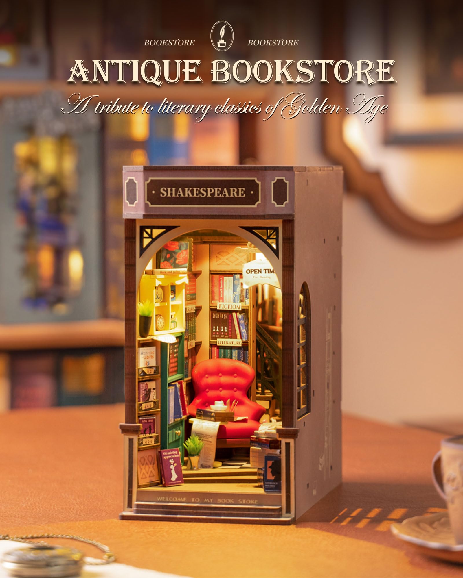 Rolife Book Nook Kit shelves of volumes creates cozy reading vignette