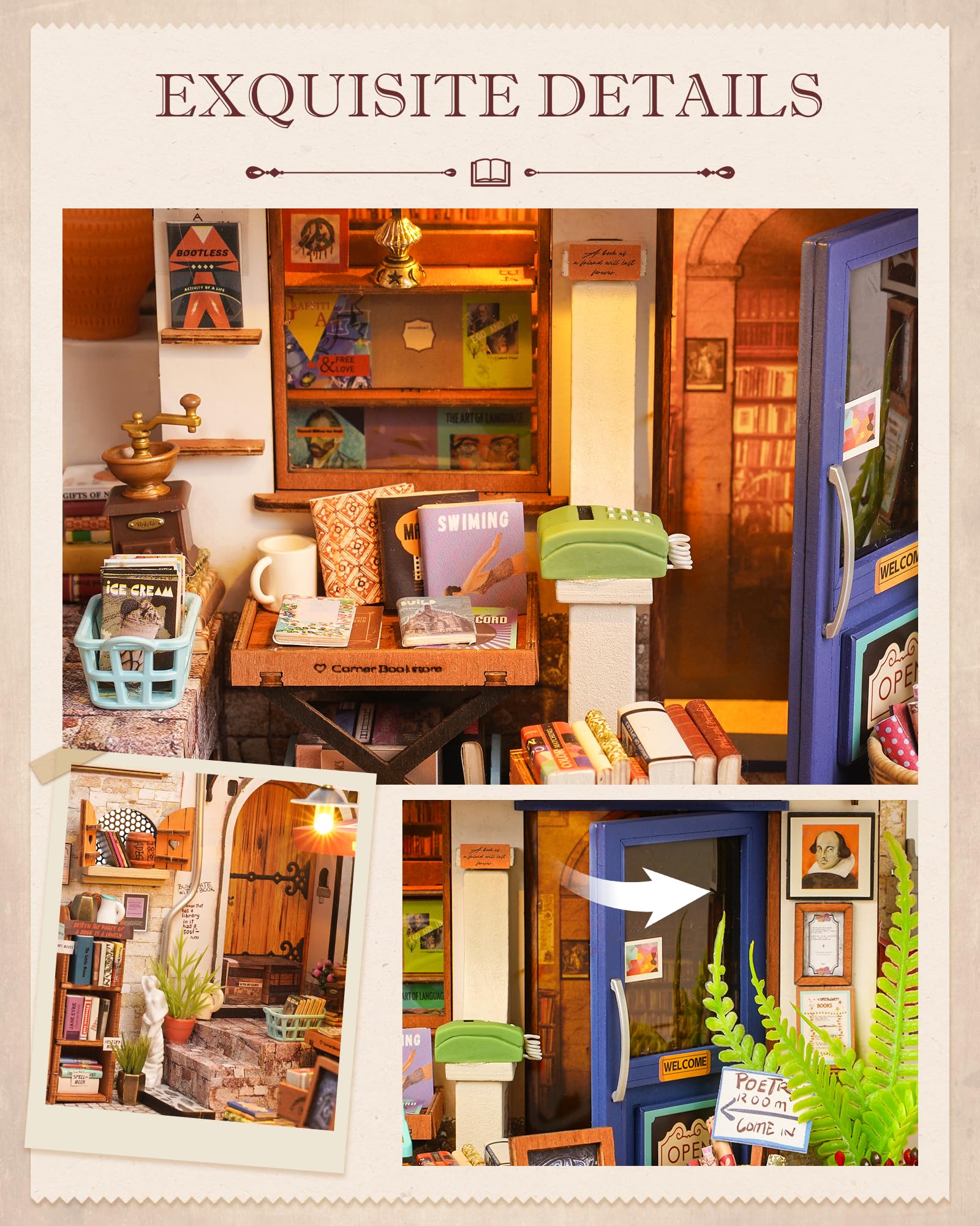Rolife Bookstore Kit Desk Chair, adds functional detail to the dollhouse