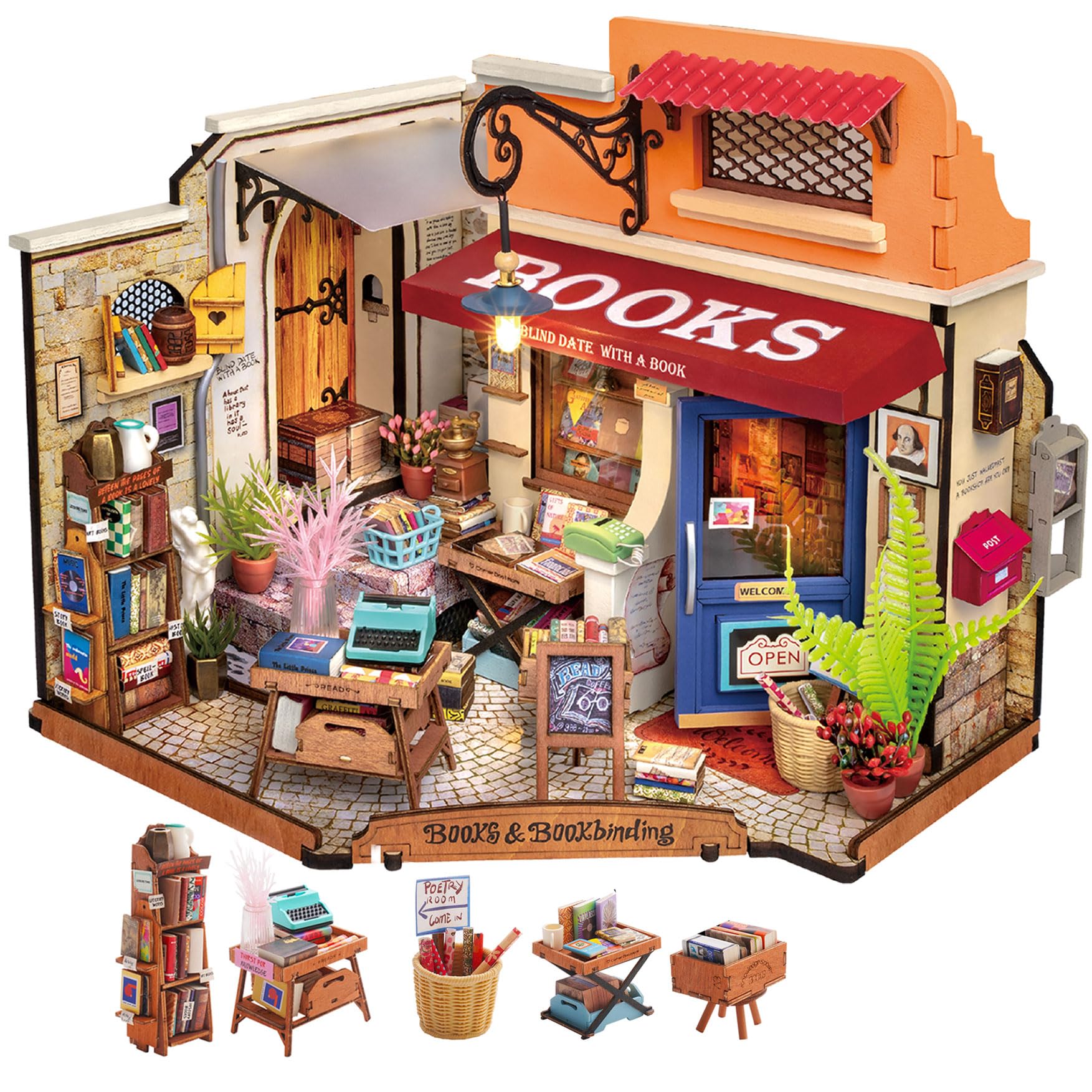 Rolife Bookstore Kit facade lit, inviting display for a cozy shelf