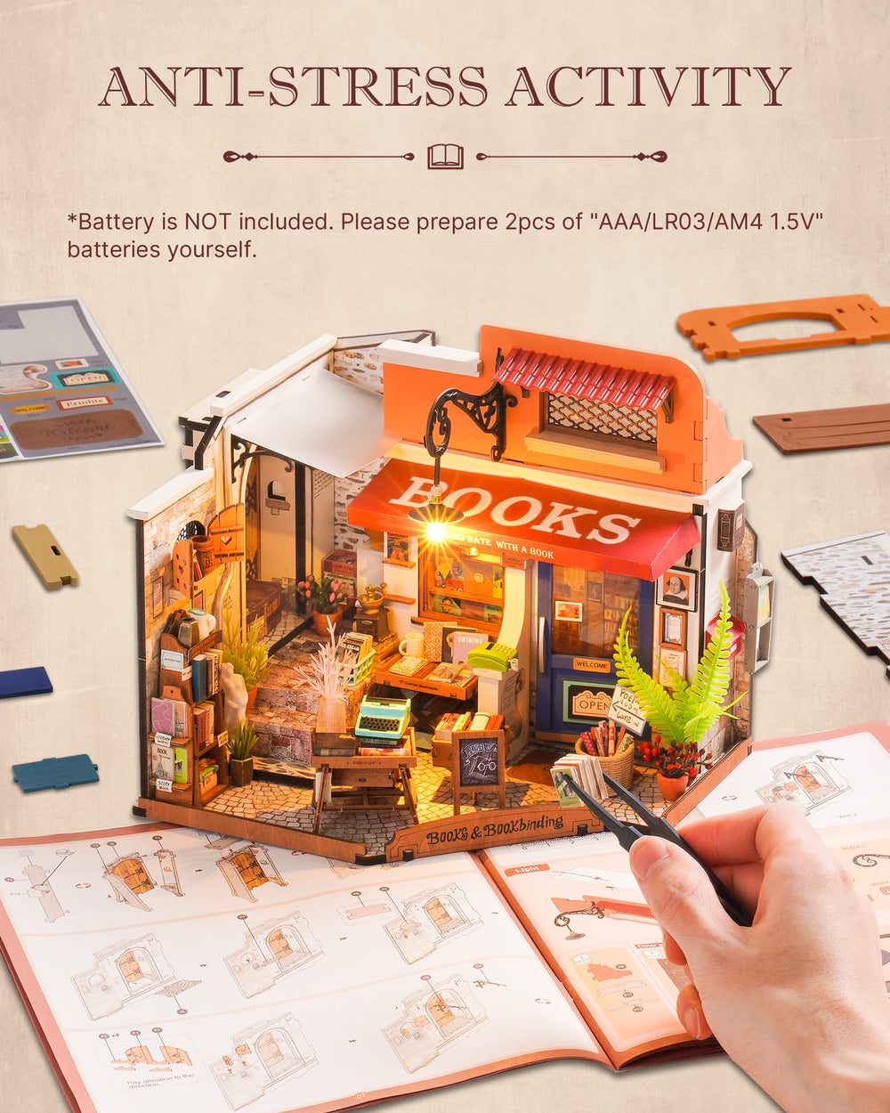 Rolife Bookstore Kit LED Lighting, bright ambiance for cozy mini scenes