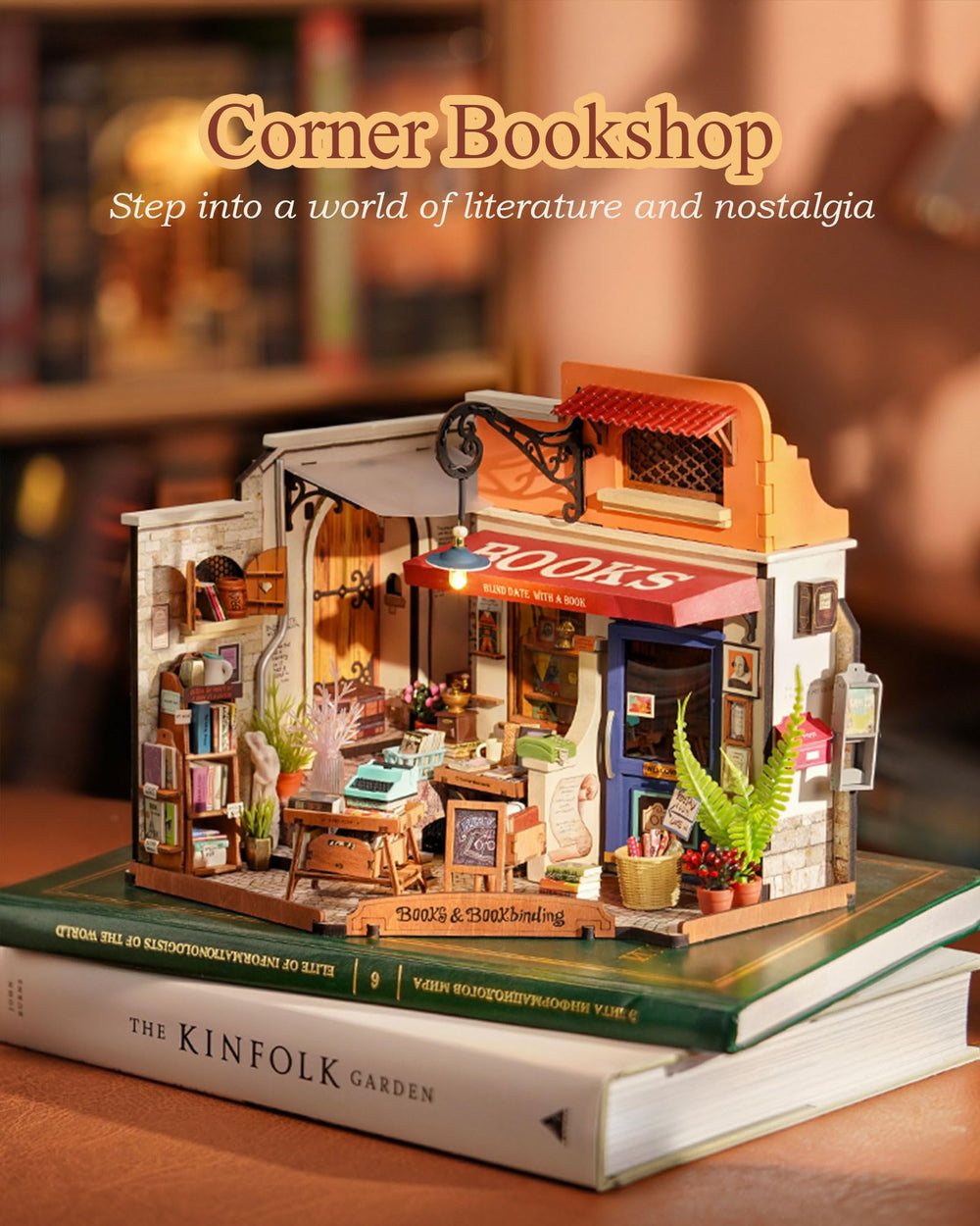 Rolife Bookstore Kit shelves books, realistic mini library detail