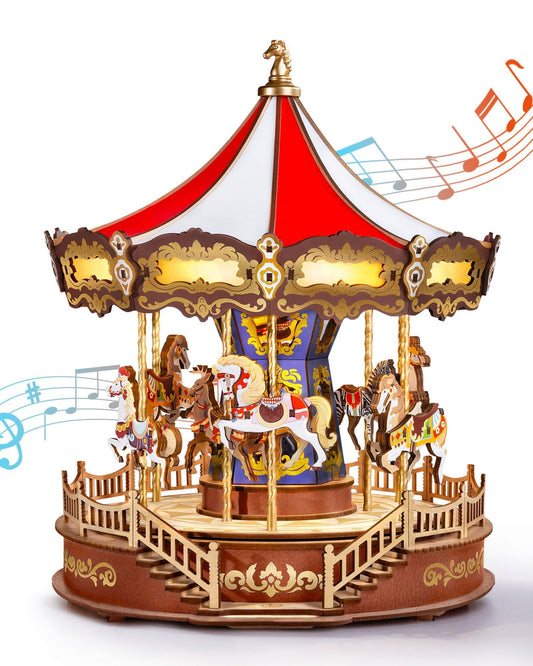 Rolife carousel music box assembly with intricate gears for a hands-on build
