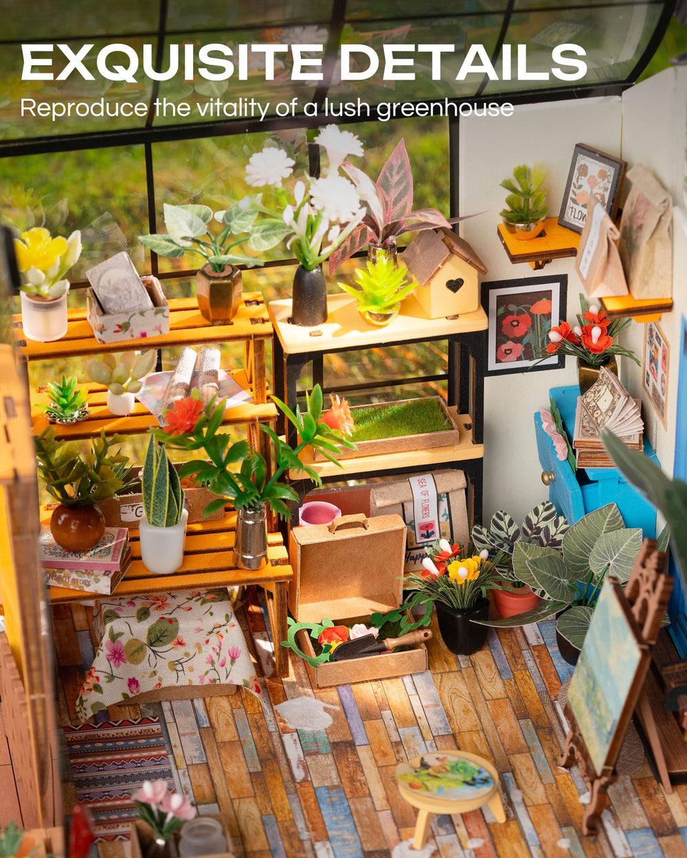 Rolife Cathy’s Flower House features 140 snap-fit pieces for easy assembly.