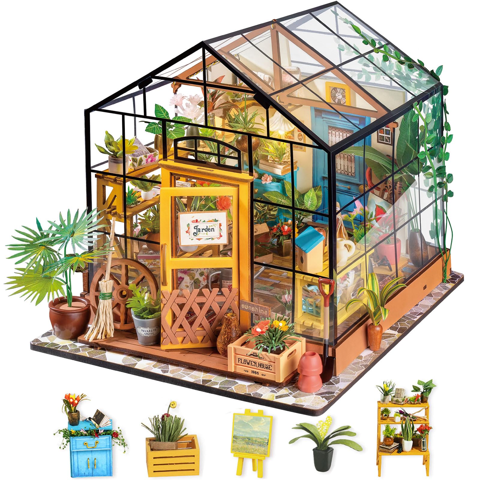 Rolife Cathy’s Flower House greenhouse with LED lights enhances cozy home decor.