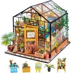 Rolife Cathy’s Flower House greenhouse with LED lights enhances cozy home decor.