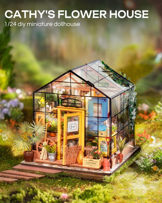 Rolife Cathy’s Flower House shows a crystal-clear window wall for a realistic display.