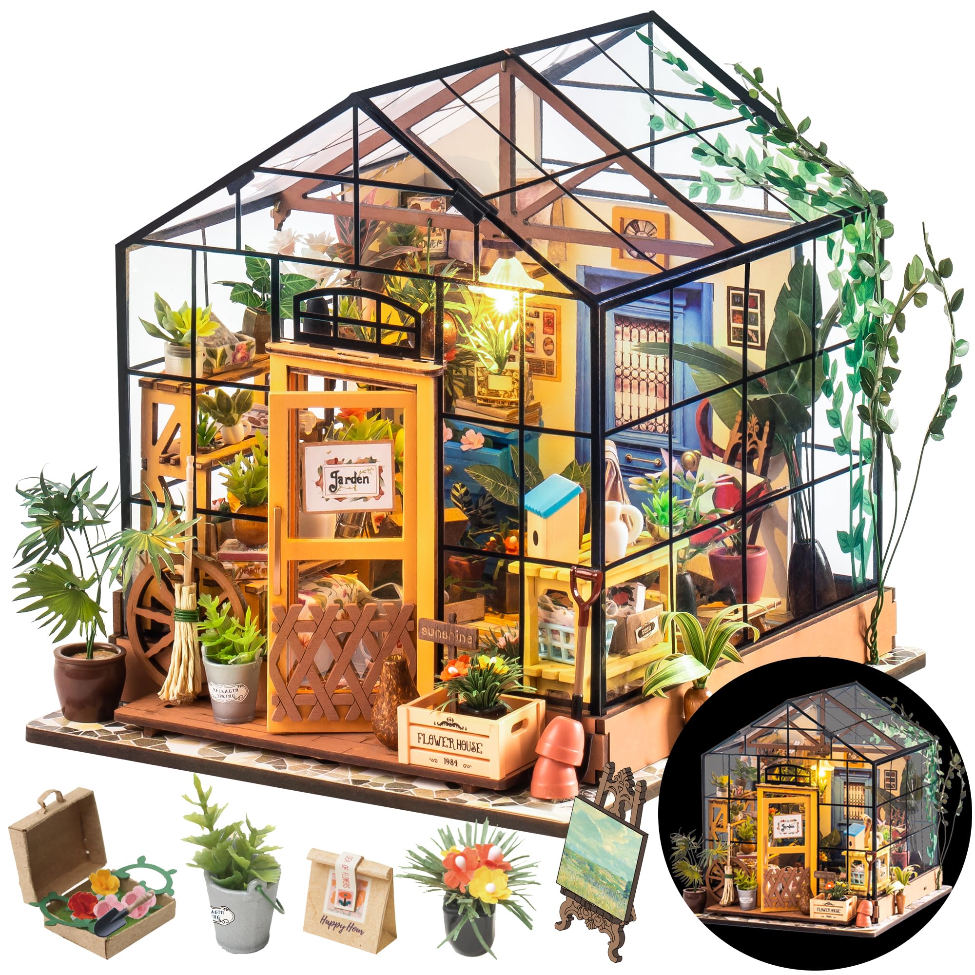 Rolife Cathy’s Greenhouse front view; classic design ideal for tabletop decor.
