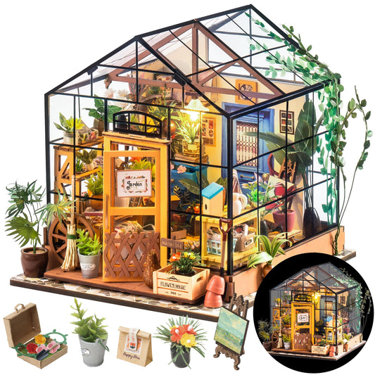 Rolife Cathy’s Greenhouse front view; classic design ideal for tabletop decor.
