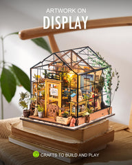 Rolife Cathy’s Greenhouse interior with tiny plants, perfect for a cozy corner.