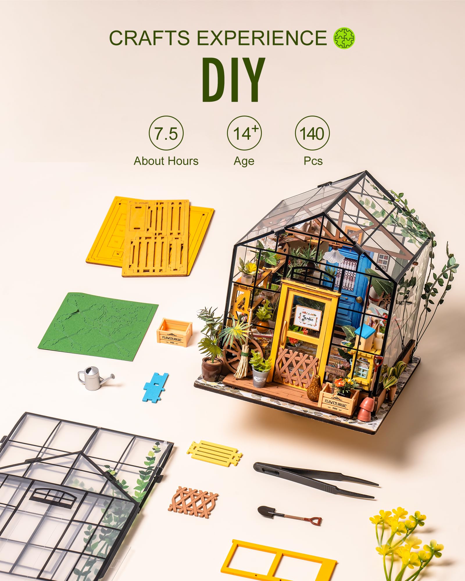 Rolife Cathy’s Greenhouse requires no paper cutting, easing assembly.