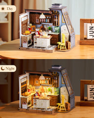 Rolife diorama shows dual lighting for day and night scenes in miniature form