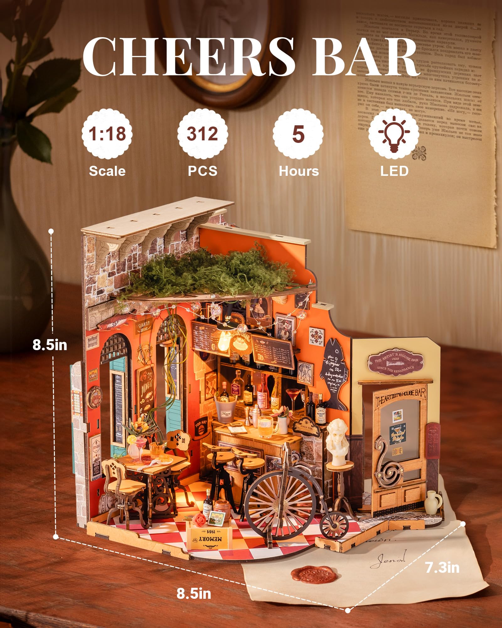 Rolife DIY miniature book nook shows an openable bar scene.