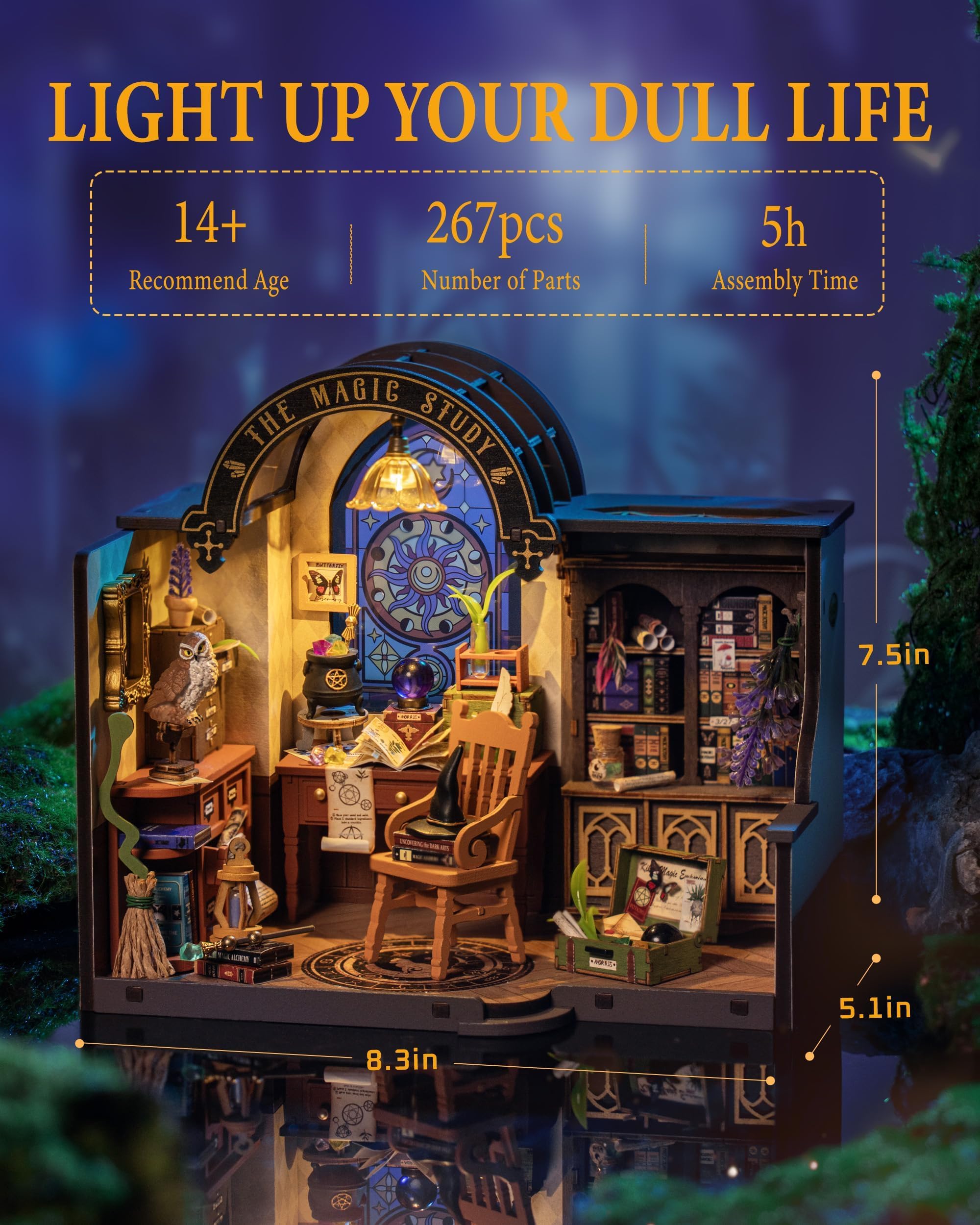 Rolife miniature house with a time-reversing crystal ball adds magical scene depth.