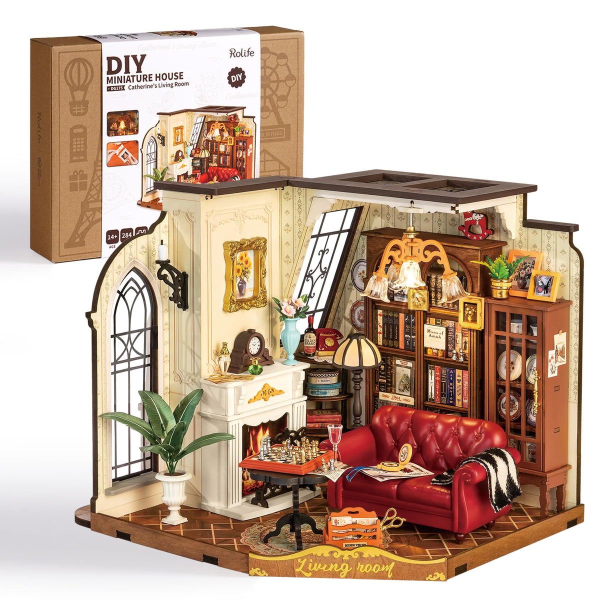 Rolife DIY miniature house front view highlights medieval mansion charm for a stylish desk display