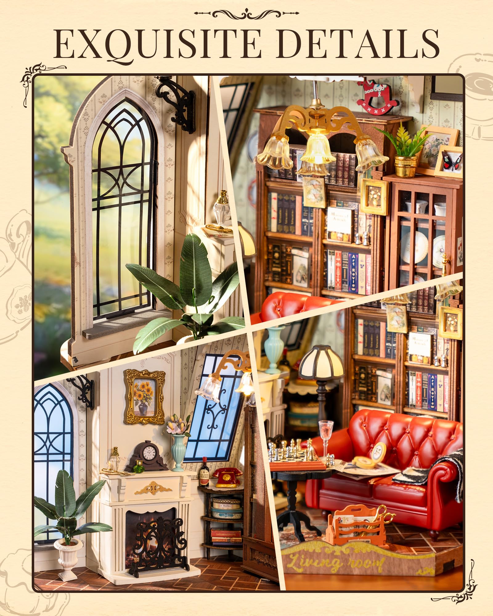 Rolife living room scene inside the dollhouse offers cozy, nostalgic ambiance