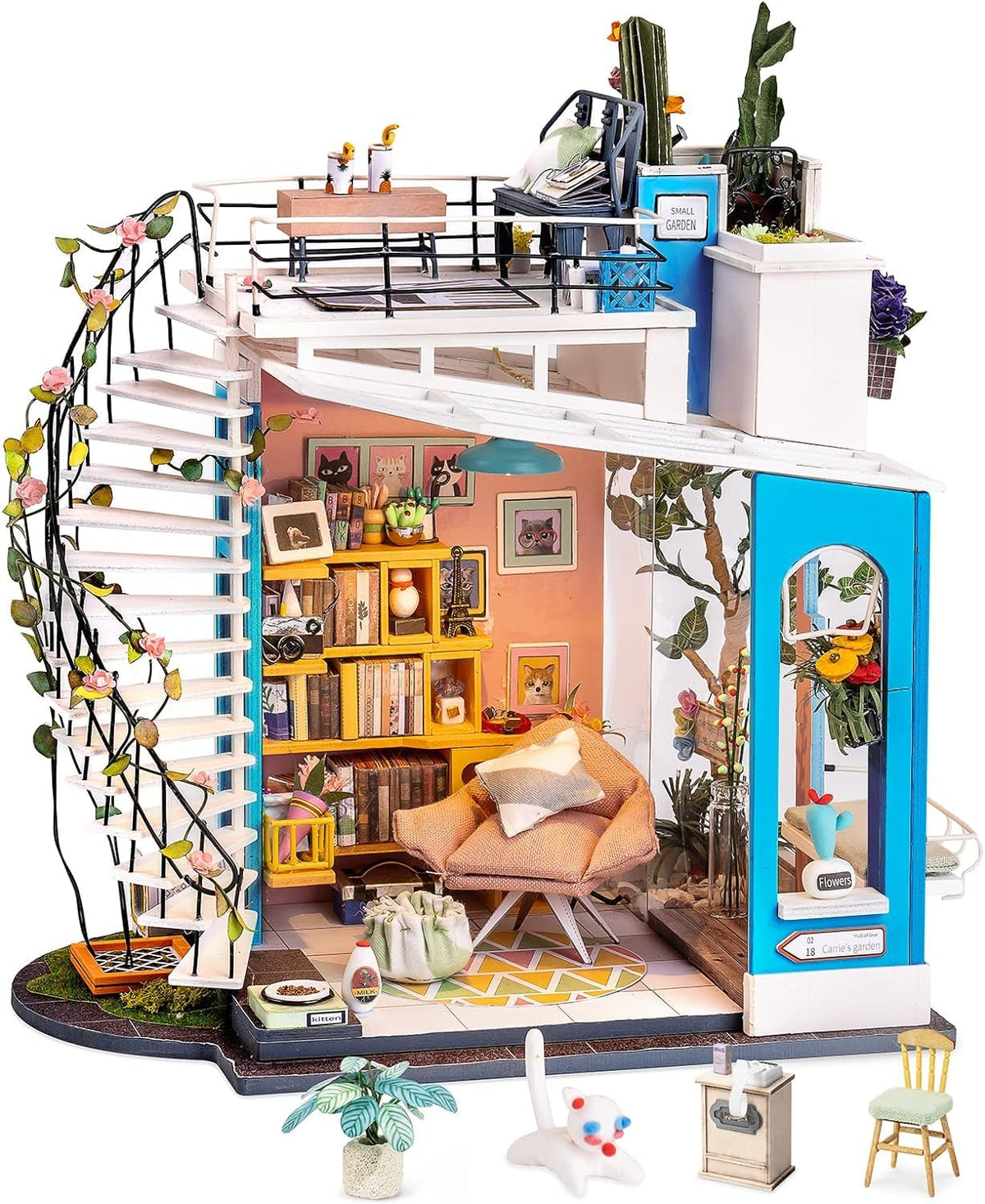 Rolife Dora's Rooftop dollhouse kit front view with furnished rooms for imaginative play
