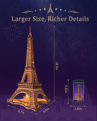 Rolife Eiffel Tower LED lighting close-up, warm ambiance for home decor.