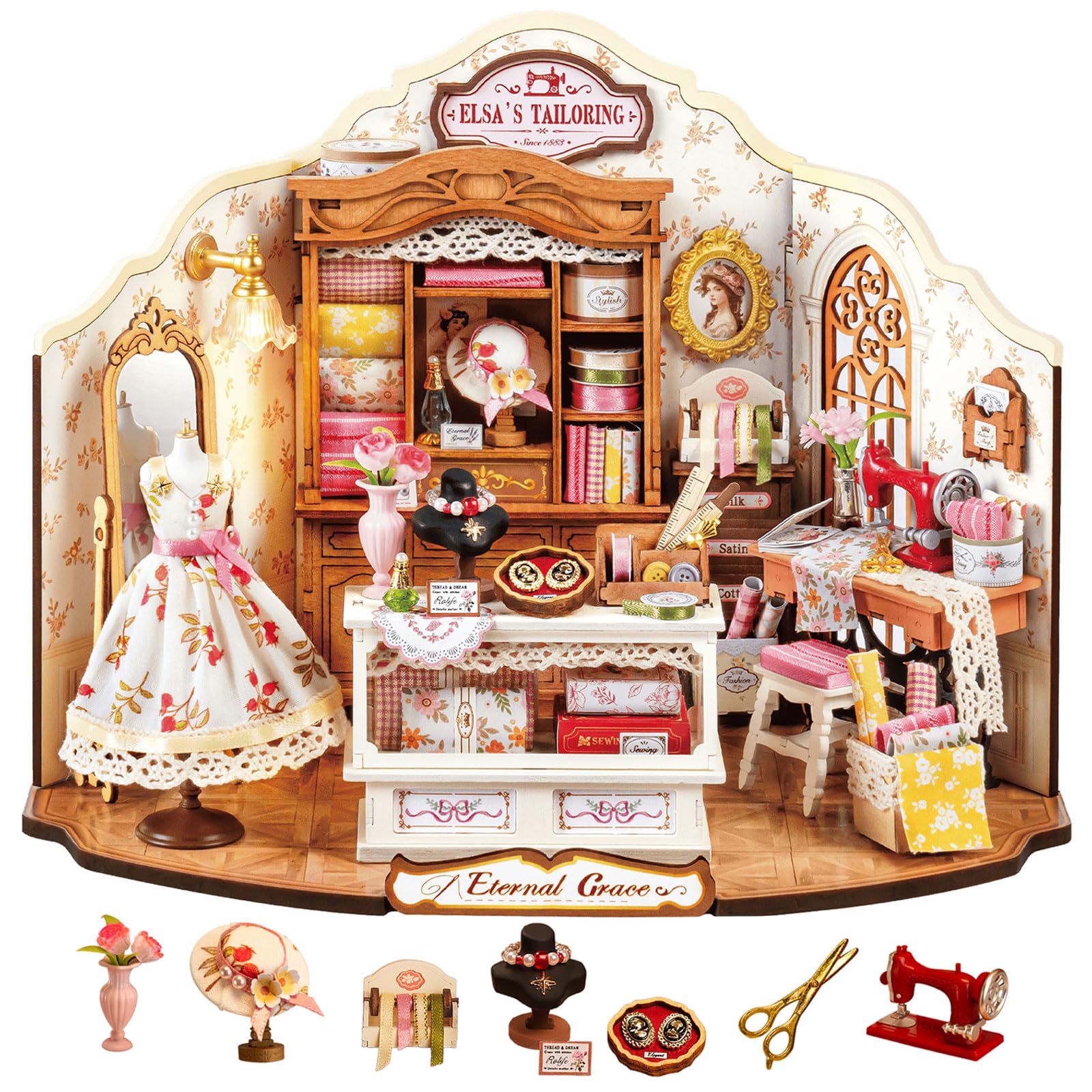 Rolife Elsa's Tailoring front view miniature scene for elegant shelf display