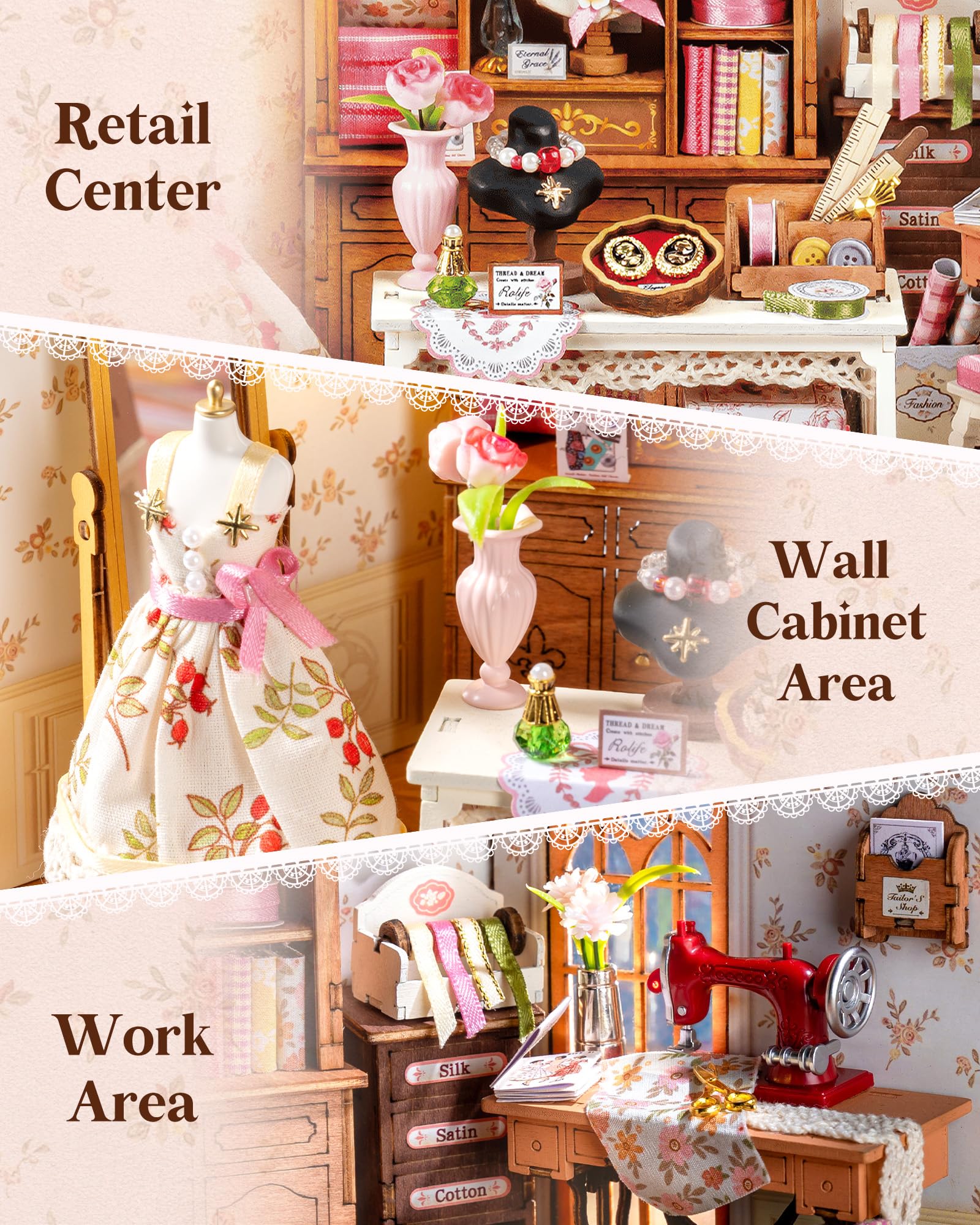 Rolife Elsa's Tailoring instruction sheet guides step-by-step assembly.
