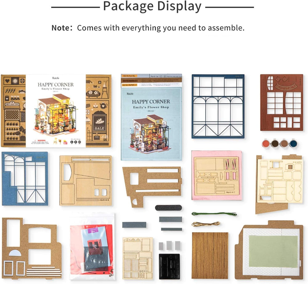 Rolife Flower Shop packaging and instruction outline clear steps for assembly