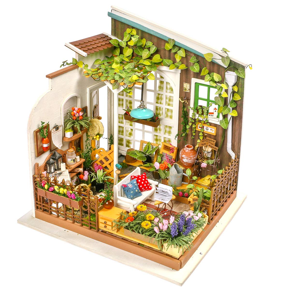 Rolife garden house exterior with LED lighting for cozy display.