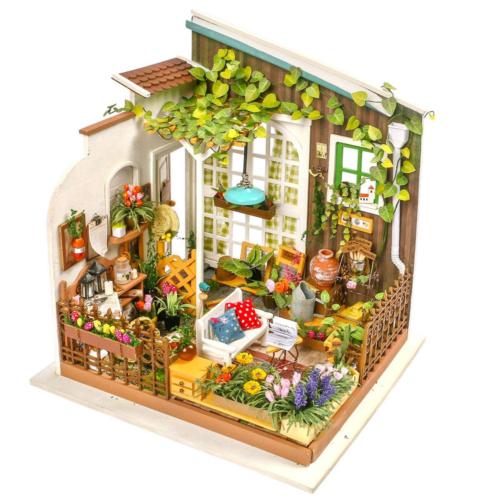 Rolife garden house exterior with LED lighting for cozy display.
