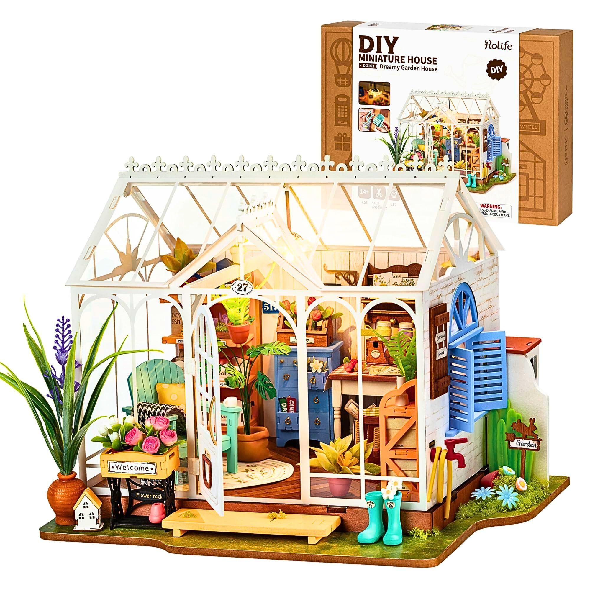 Rolife greenhouse dollhouse front view, chic desk decor and creative hobby.