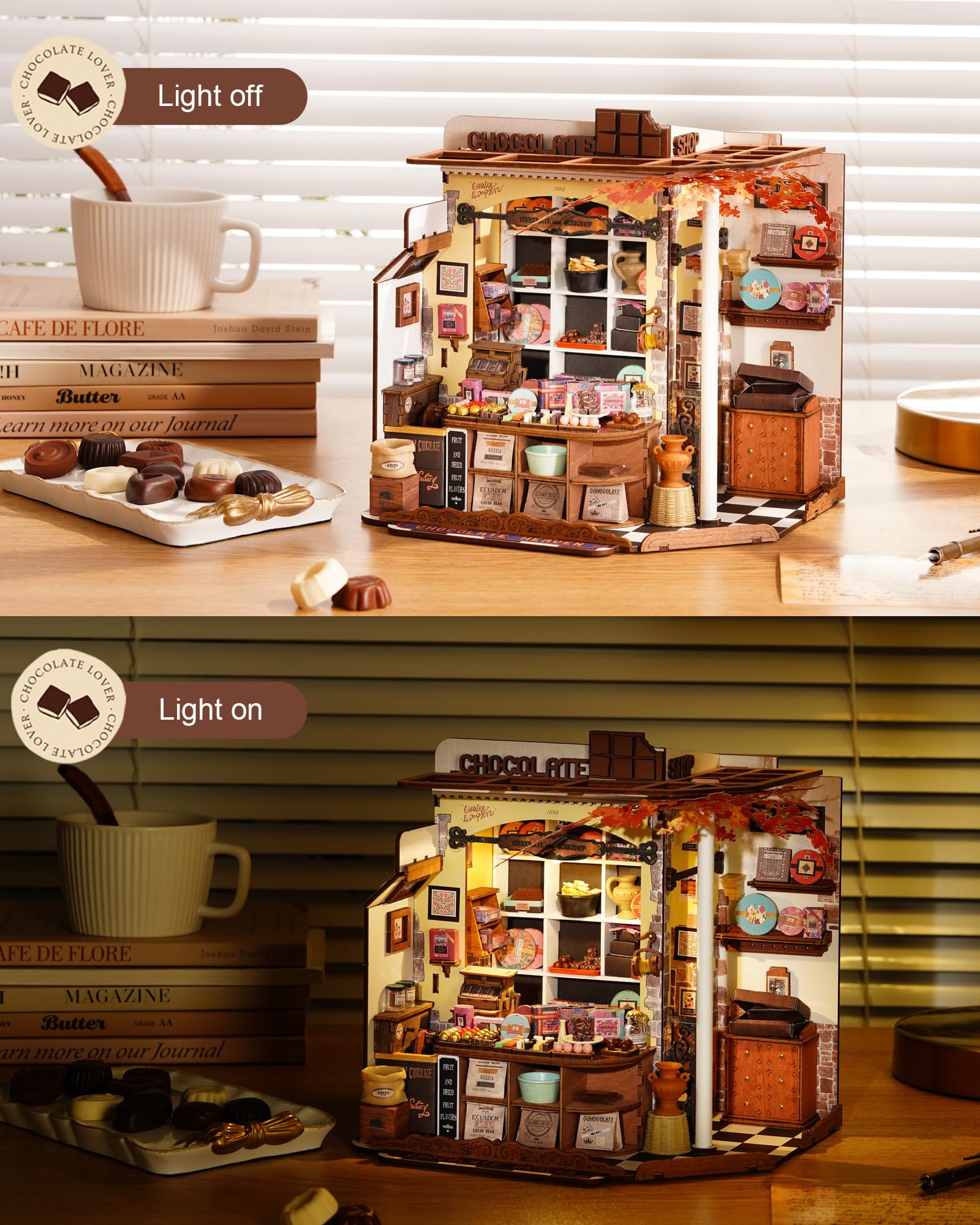 Rolife Henry's Chocolate Shop ambient lighting enhances warm mood.
