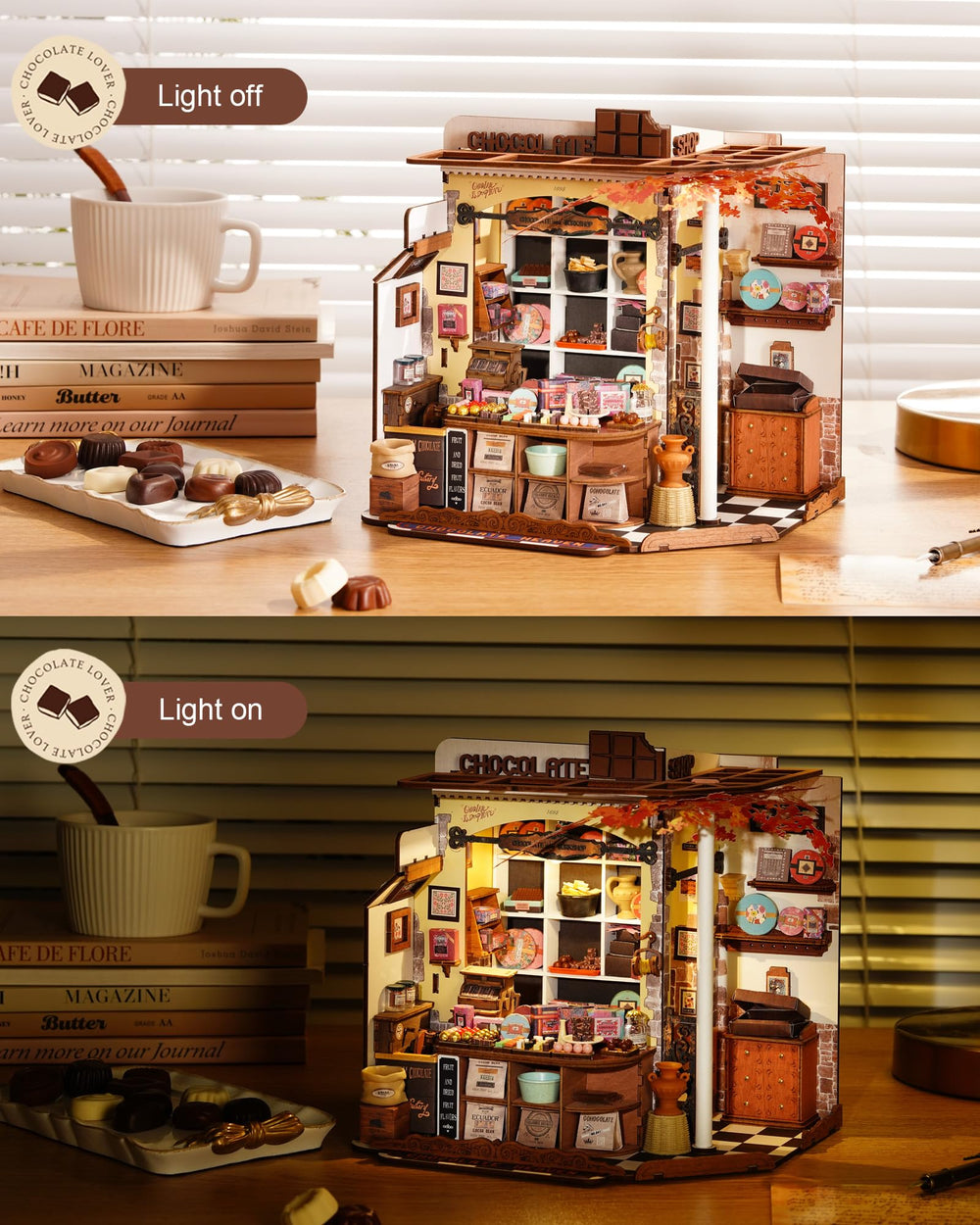 Rolife Henry's Chocolate Shop ambient lighting enhances warm mood.