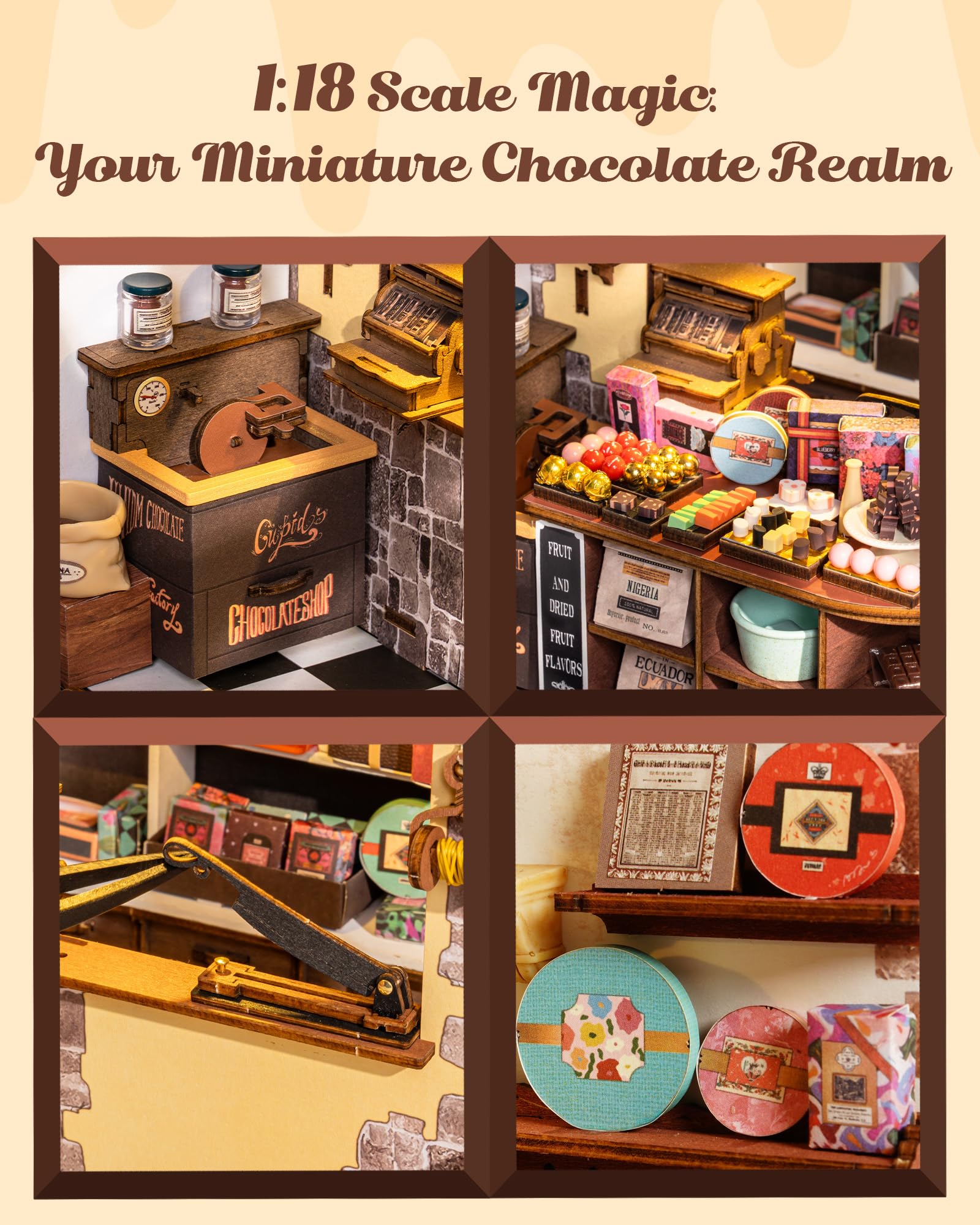 Rolife Henry's Chocolate Shop diorama display with vintage counter and signage.