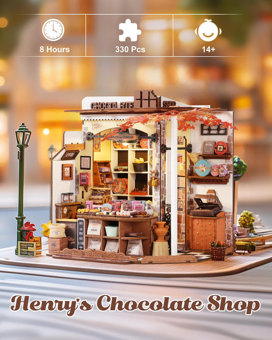 Rolife Henry's Chocolate Shop interior details for a charming shelf diorama.