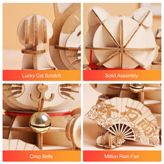 Rolife Lucky Cat model in-progress stage shows step-by-step building.