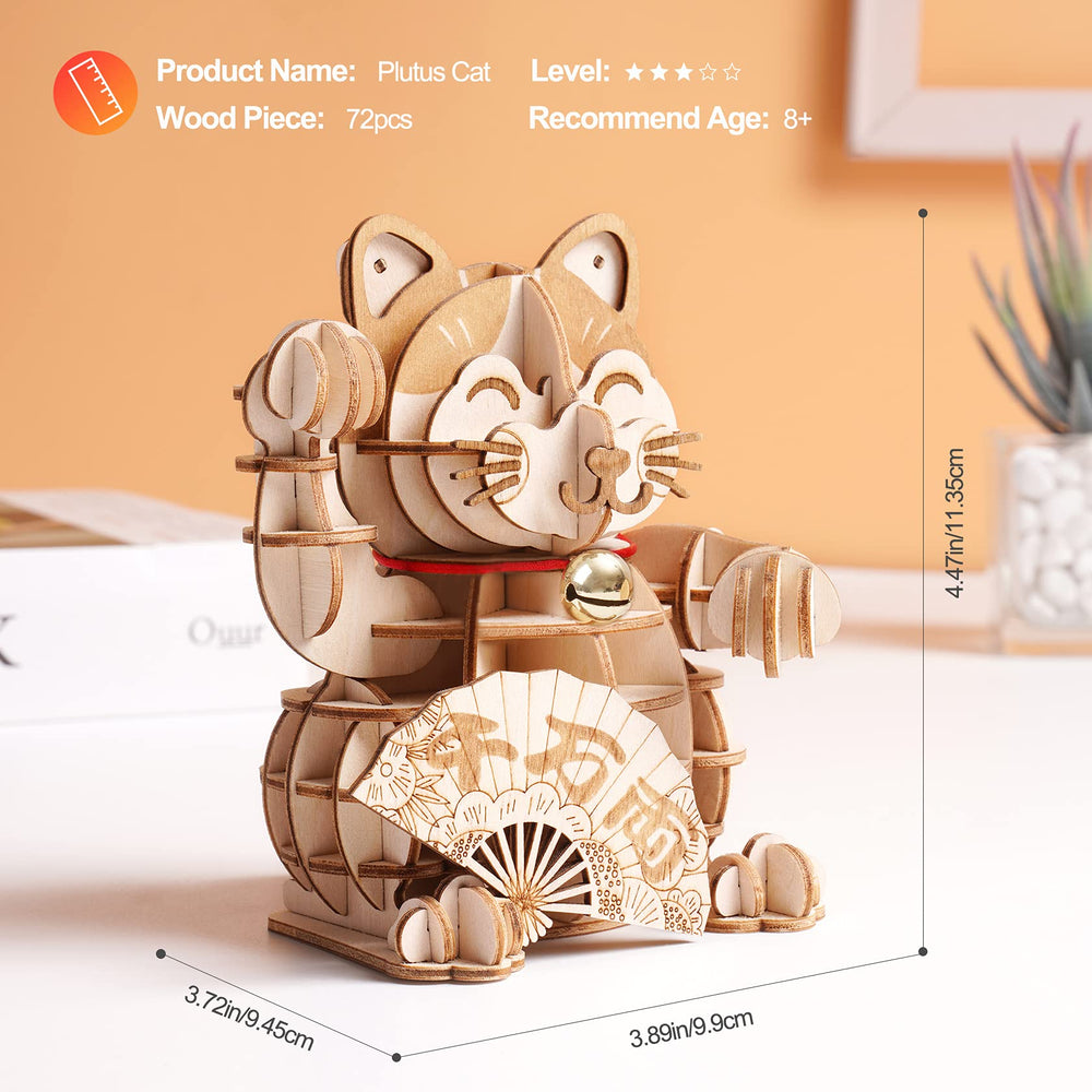 Rolife Lucky Cat completed wooden puzzle ready for display.