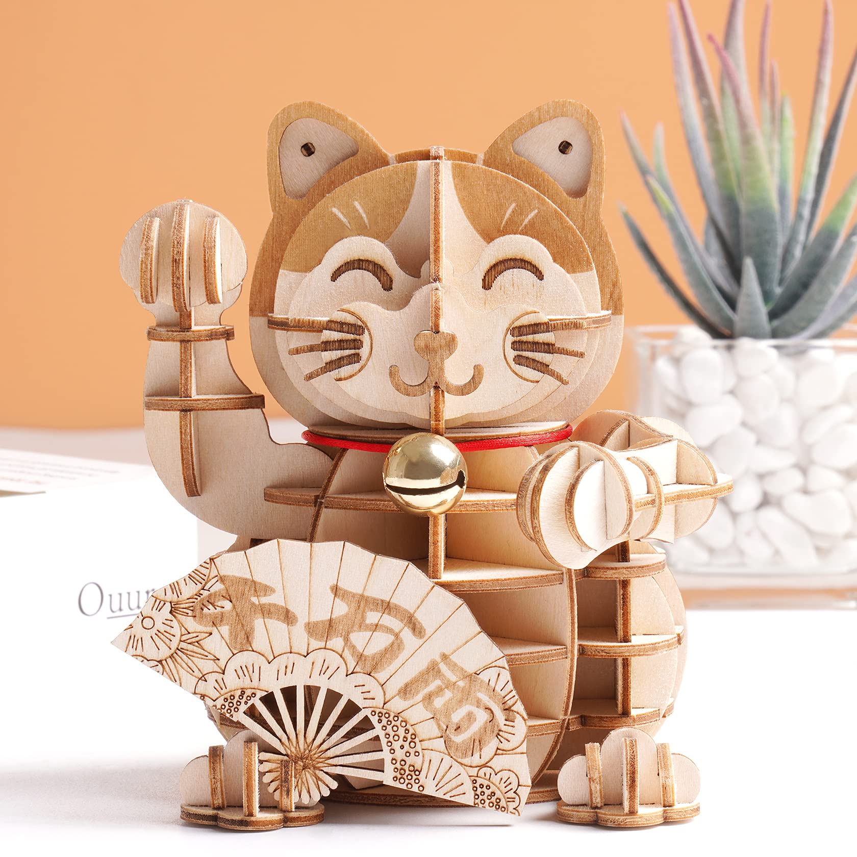 Rolife Lucky Cat model kit with illustrated English instructions for easy assembly.
