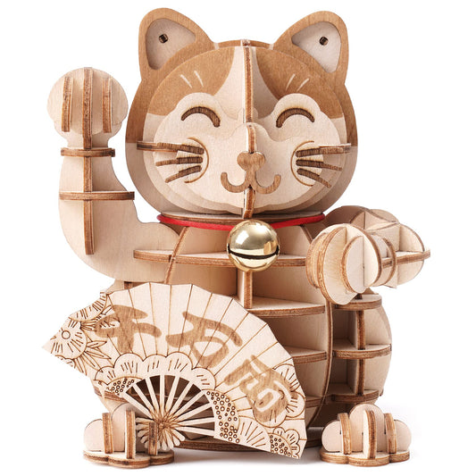 Rolife Lucky Cat kit: wooden pieces ready for a satisfying hands-on build.