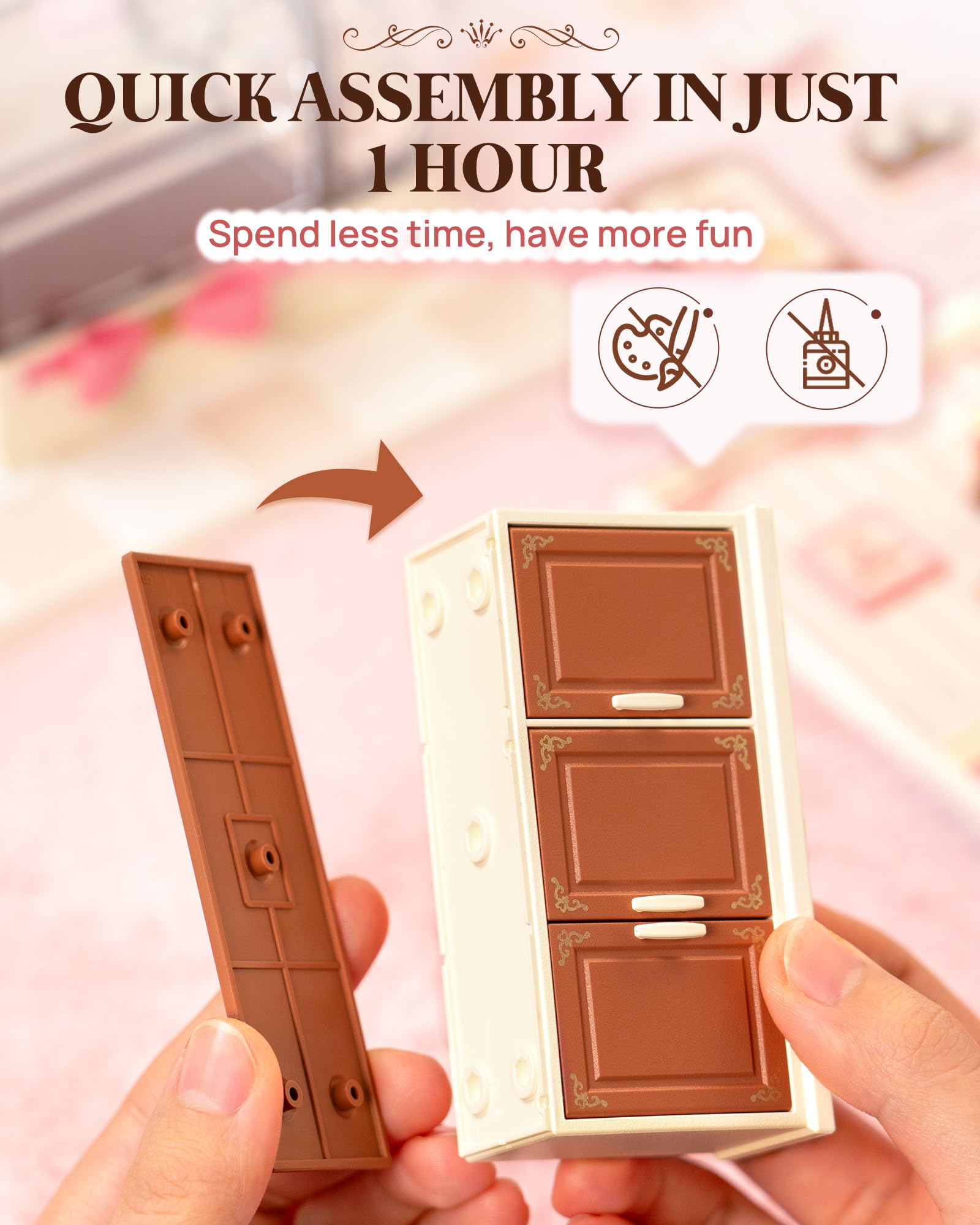 Rolife mini figures fit beside the cake counter for bakery scenes.