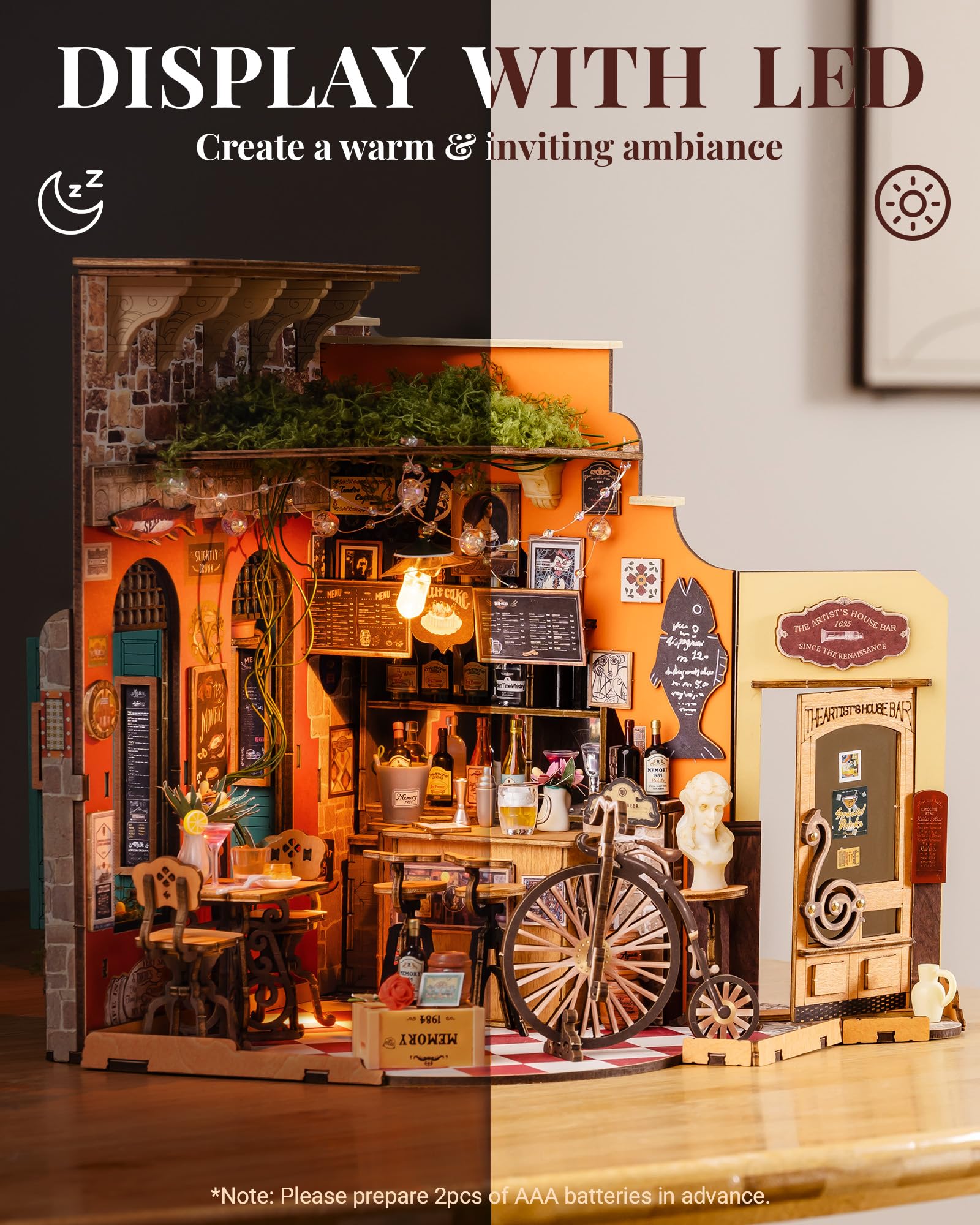 Rolife miniature bar furniture and accessories for realistic display.