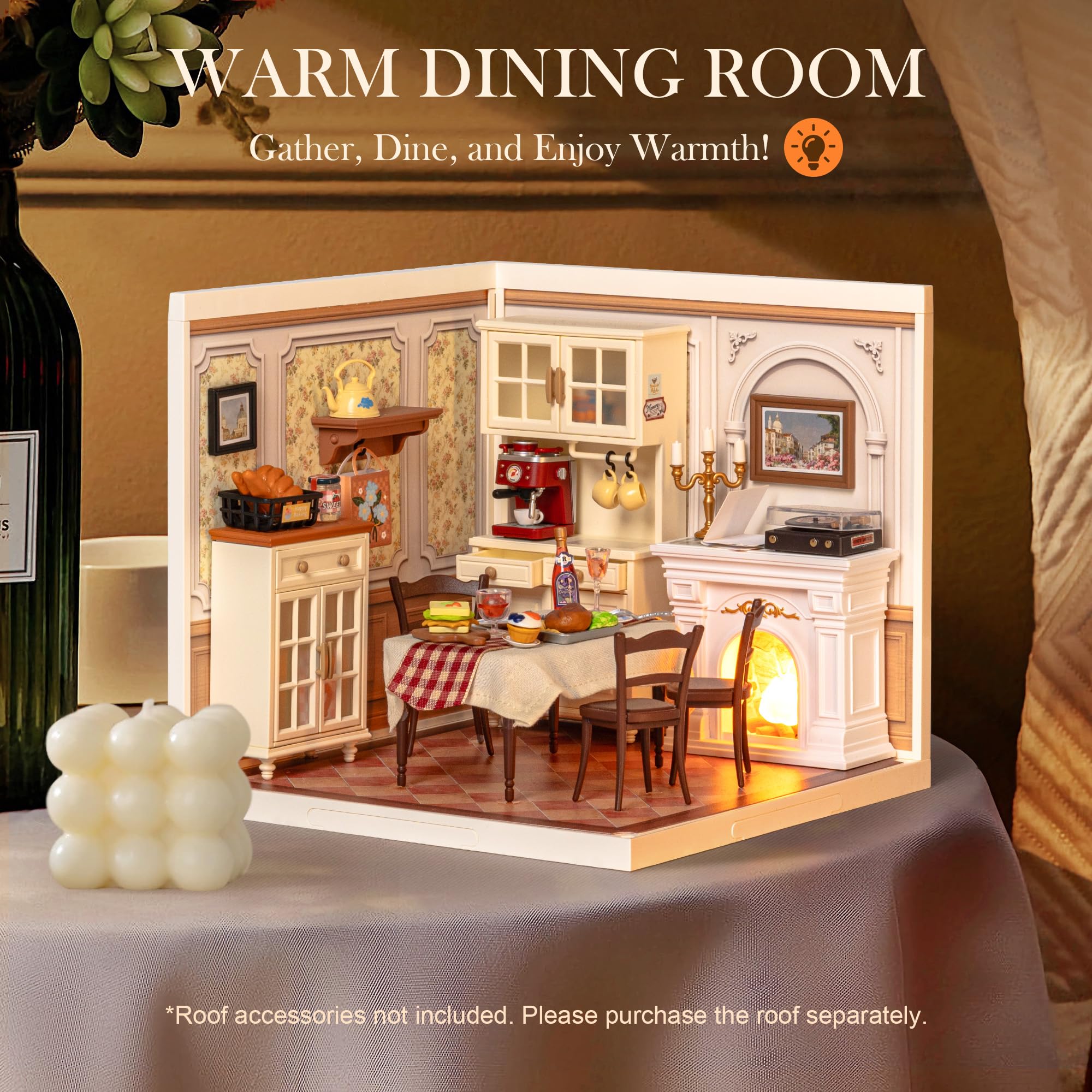 Close-up of Rolife mini dining room kit assembly parts