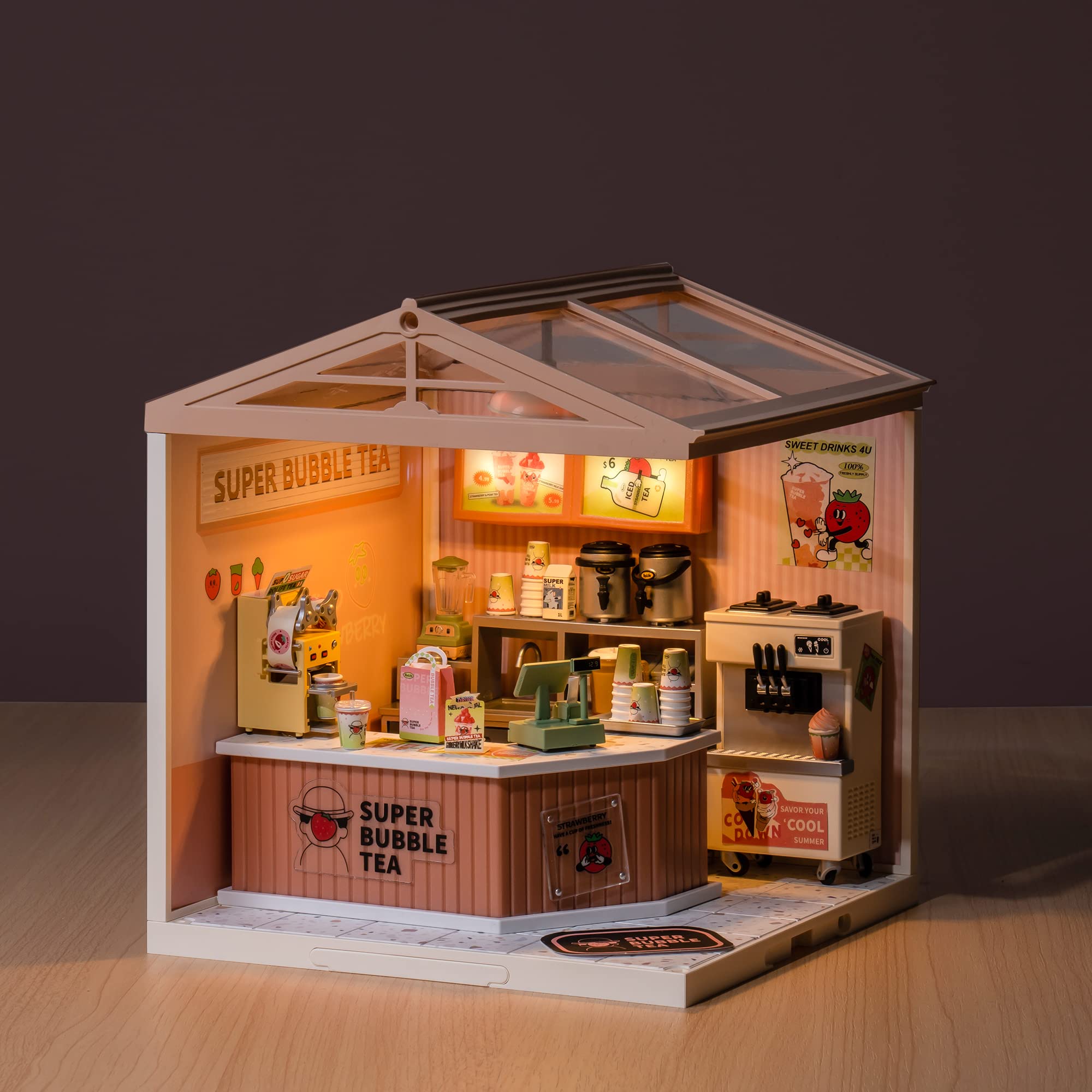Rolife miniature dollhouse lit by LEDs, ready to display after build.