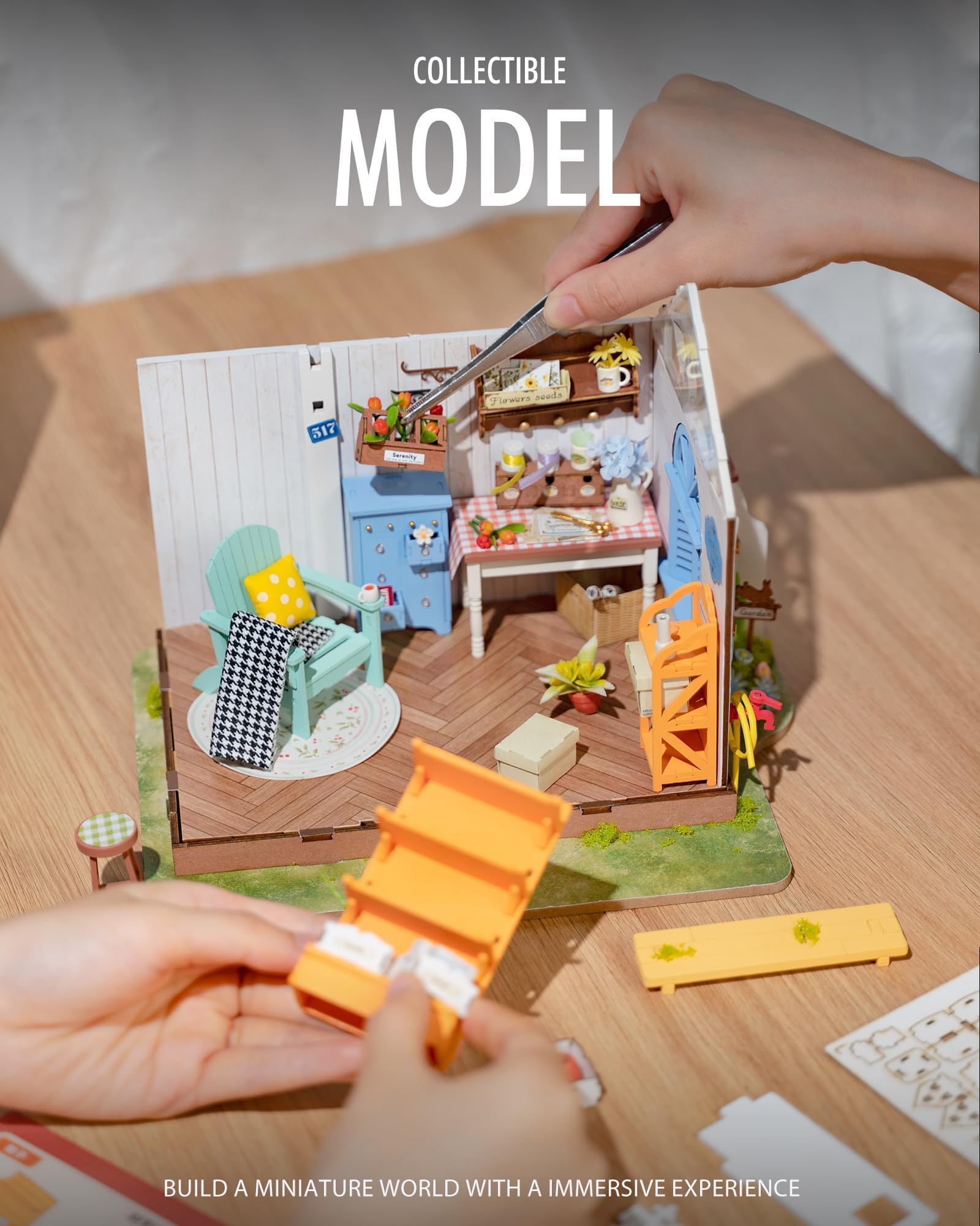 Rolife DIY miniature garden scene for display on shelves and desks.