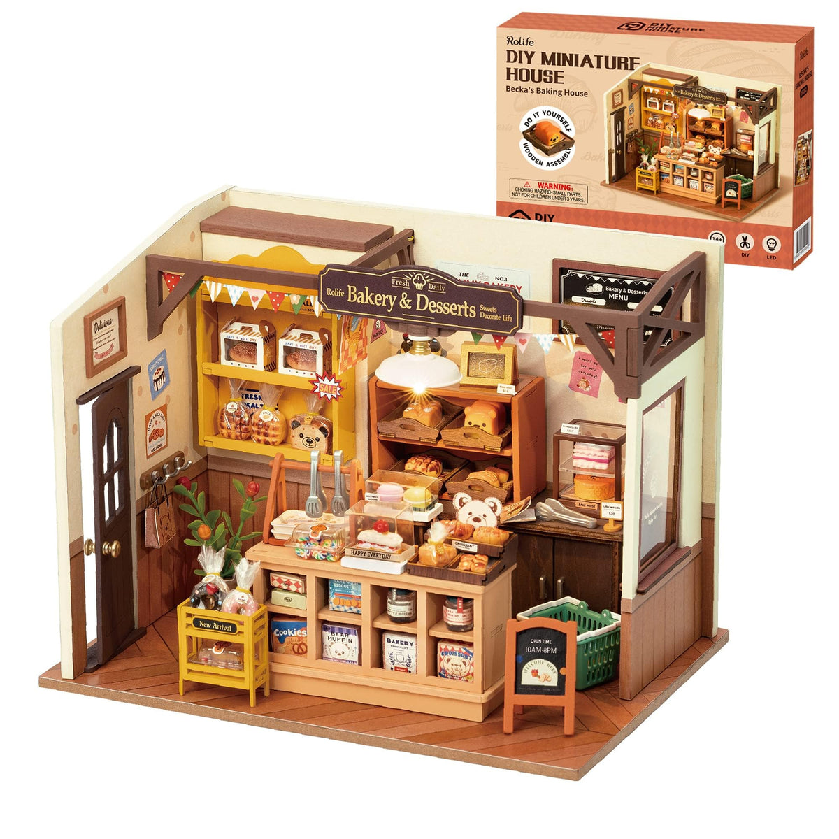 Rolife miniature bakery setup shown in the dollhouse kit for desk display