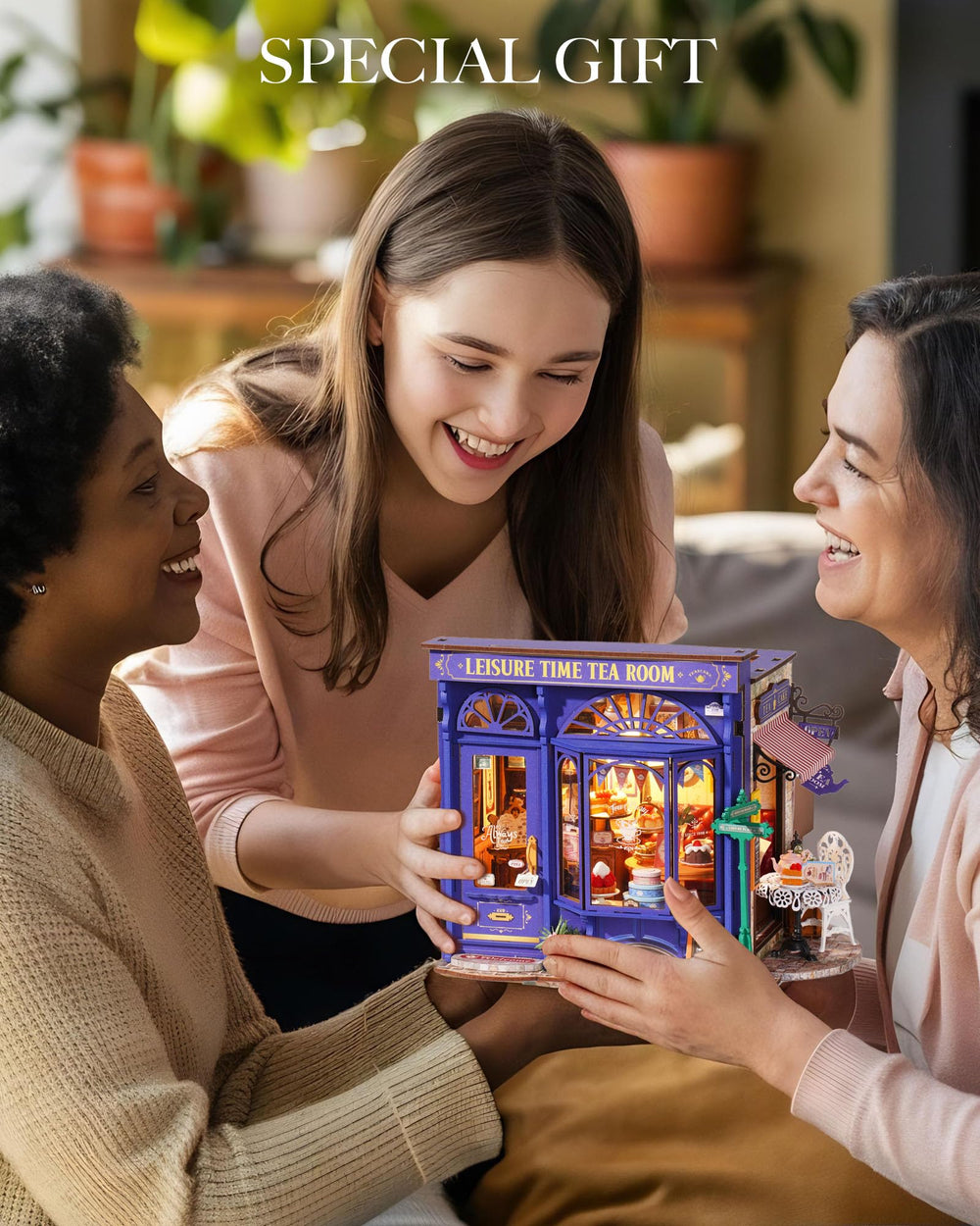 Rolife Leisure Tea Time retro miniature house decor for vintage charm.