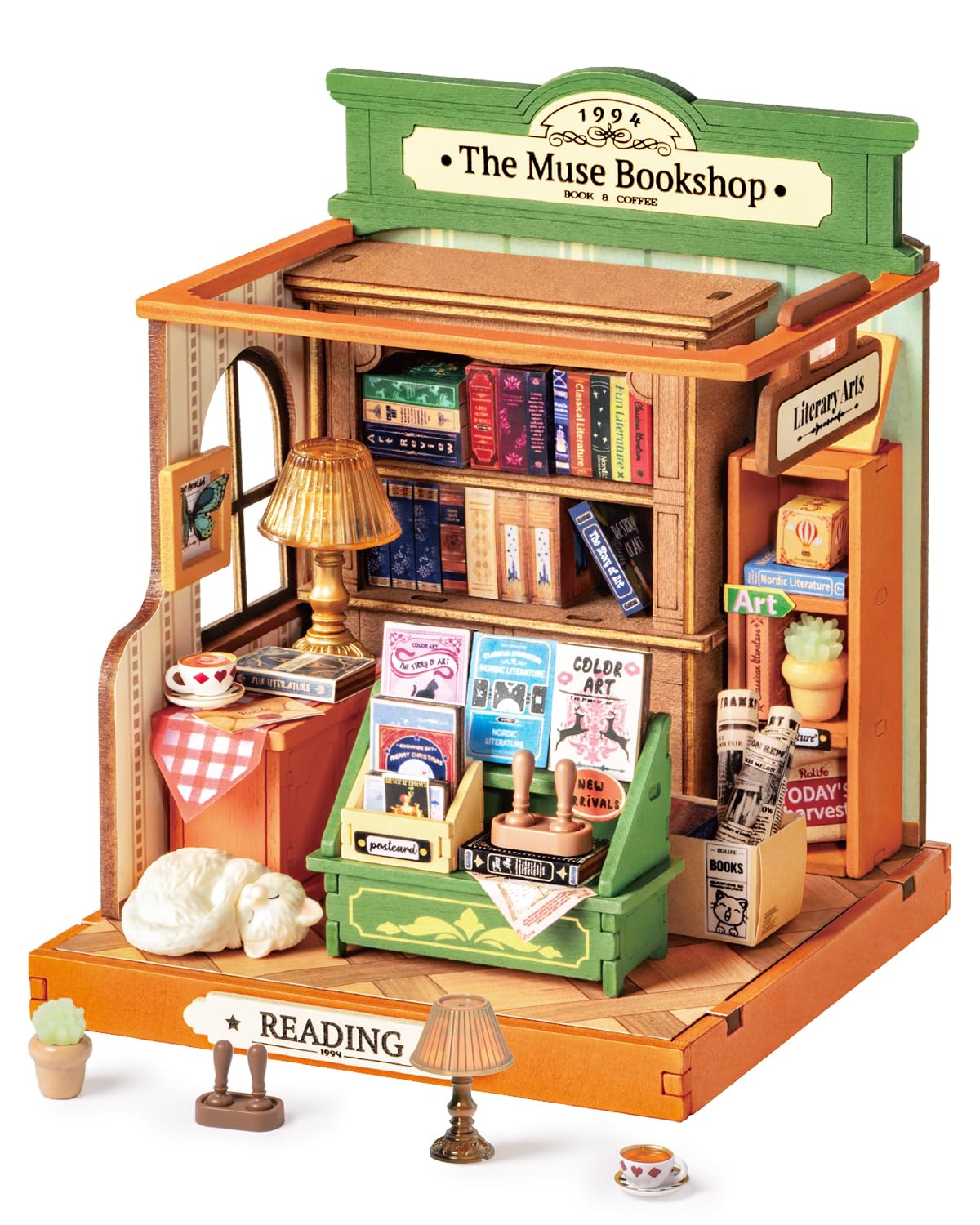 Rolife Muse Bookshop front view for elegant shelf display.