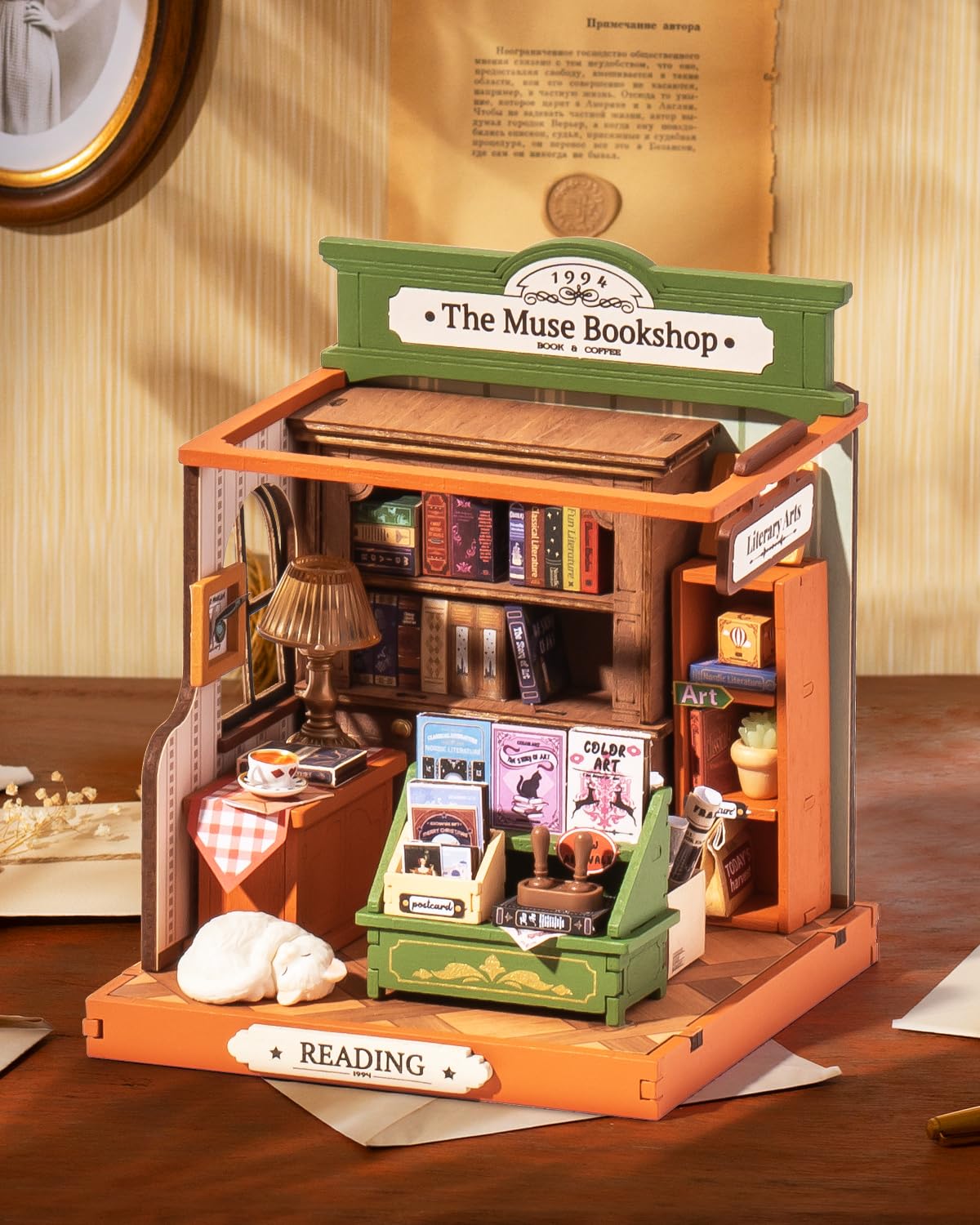 Rolife Muse Bookshop interior detail enhances realistic diorama accents.