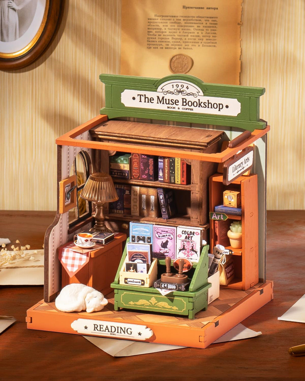 Rolife Muse Bookshop interior detail enhances realistic diorama accents.