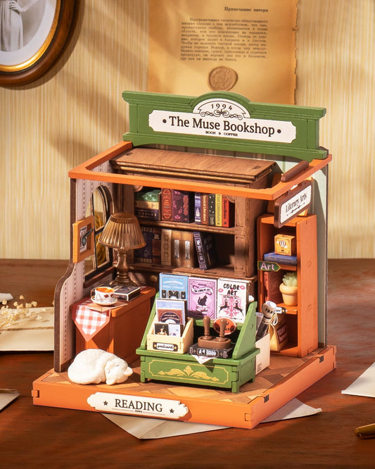 Rolife Muse Bookshop interior detail enhances realistic diorama accents.