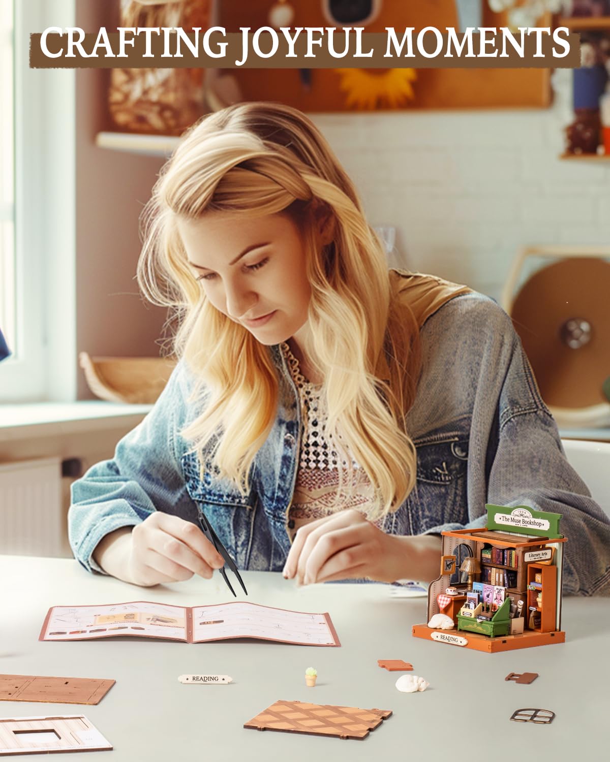 Rolife Muse Bookshop workspace desk scene inspires crafting projects.