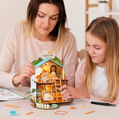 Rolife Puppy Cozy Villa interior details with miniature furniture and decor